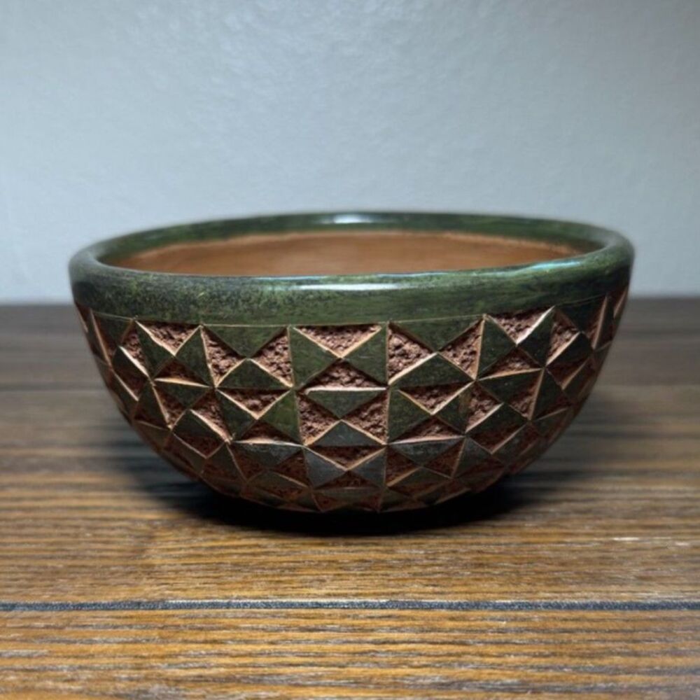 Maria Arauz Terracotta Bowl 6 Inch Nicaragua Hand Carved Geometric Pottery